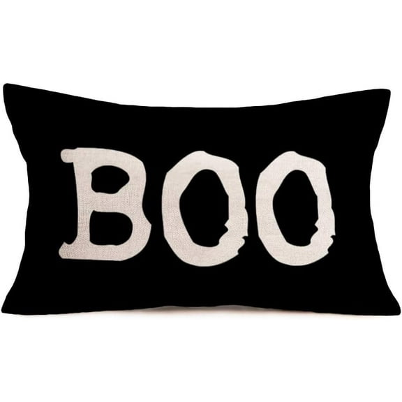 12x20 Inch Halloween Boo Throw Pillow Covers Black and White Happy Halloween Quotes Words Throw Waist Pillow Cases Cotton Linen Autumn Fall Farmhouse Decor Cushion Cover