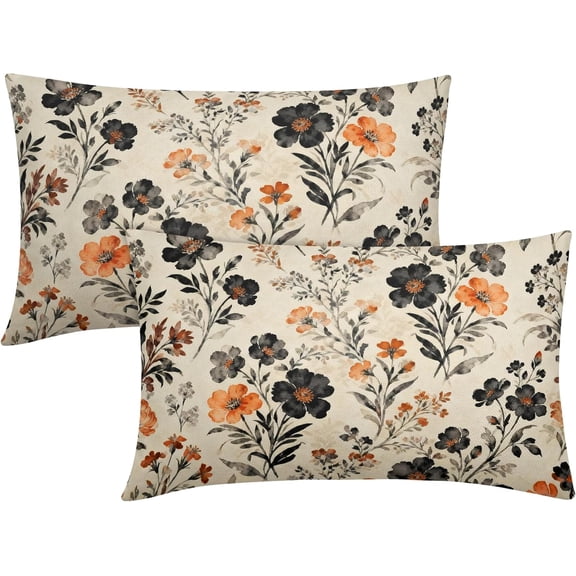 12x20 Inch Set of 2 Pillow Covers Black Orange Fall Floral Vintage Flowers Print Autumn Halloween Throw Pillow Cases Throw Holiday Farmhouse