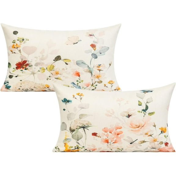 12x20 Outdoor Lumbar Boho Throw Pillow Covers Yellow Flower Watercolor Patio Furniture Spring Colorful Floral Decor Summer Sage Green Leaves Butterfly Cushion Covers Set of 2 for Sofa Couch