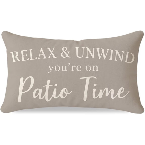 12x20 Outdoor Lumbar Throw Pillow Cover, Relax & Unwind You’re on Patio Time Quote, Neutral Boho Porch Decor and Decorations, Decorative Cushion Cover for Patio Sofa and Bench, Beige