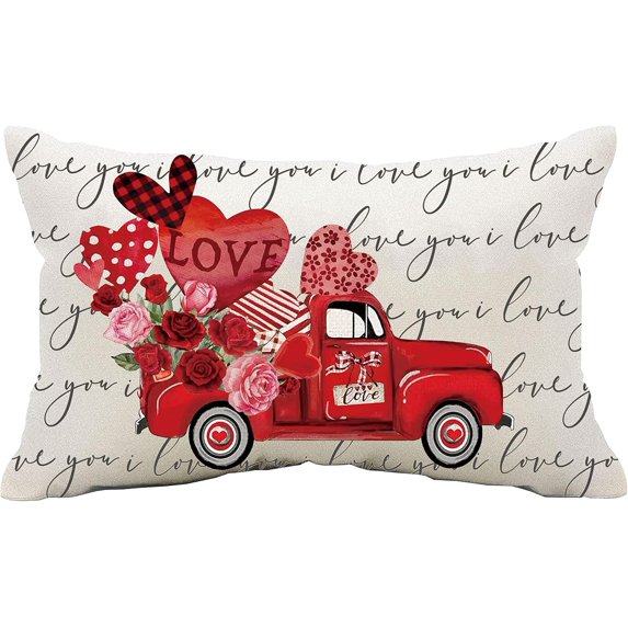 12x20 Valentines Pillow Cover Decorative Throw Pillow Case Holiday Home Office Indoor Bedroom Room Decor Seasonal Farmhouse Rustic Decoration Heart Truck