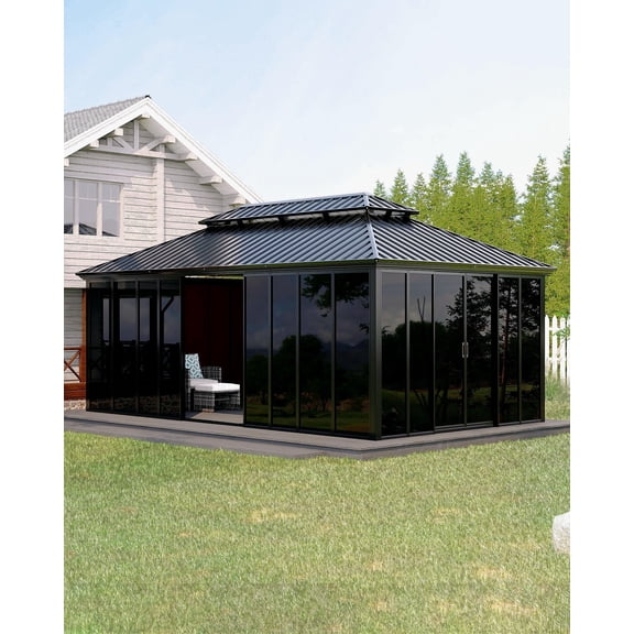 12x20 ft Hardtop Gazebo Sunroom, Enclosed Gazebo with Floor-to-Ceiling Sliding Doors, All-Aluminum Alloy Frame, Screen Outdoor Room Solarium for Backyard, Patio, and Deck
