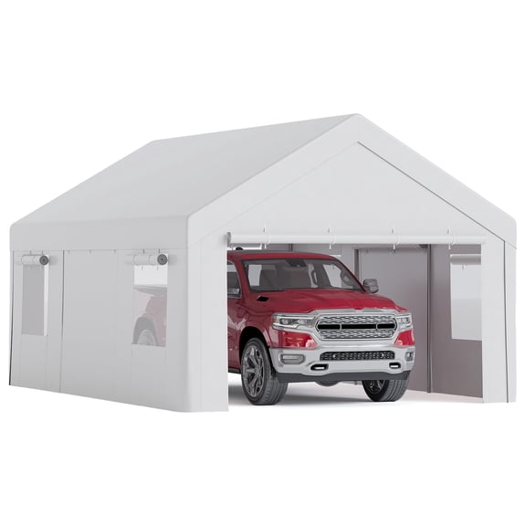 12x20 ft Heavy Duty Outdoor Carport Shelter Tent, Weather-Resistant Portable Garage Canopy for Camping Cars Equipment, White/Gray
