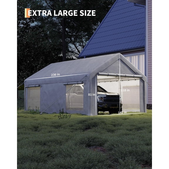 12x20 ft Portable Carport Canopy with Roll- Windows and , Waterproof Protected Garage Tent for Trucks Boats, Heavy Duty Metal Frame Shelter, Khaki