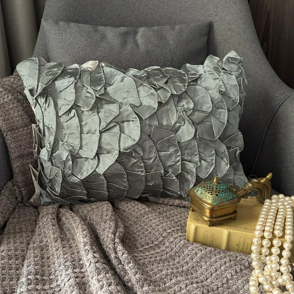 12x20 inch (30x50 cm) Pillow Cover Grey, Vintage Style Ruffles Shabby Chic Lumbar Pillow Cover, Solid Victorian Lumbar Pillow Cover, Rectangle Satin Pillow Cover - Vintage Gray Ruffles