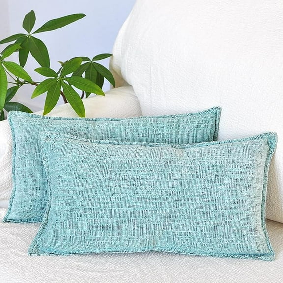 12x20 inches Lumbar Pillow Covers Pack of 2 Mint Green Textured Chenille Solid Cushion Cases For Sofa Accent Chair Couch, Rectangular Small Pillowcases