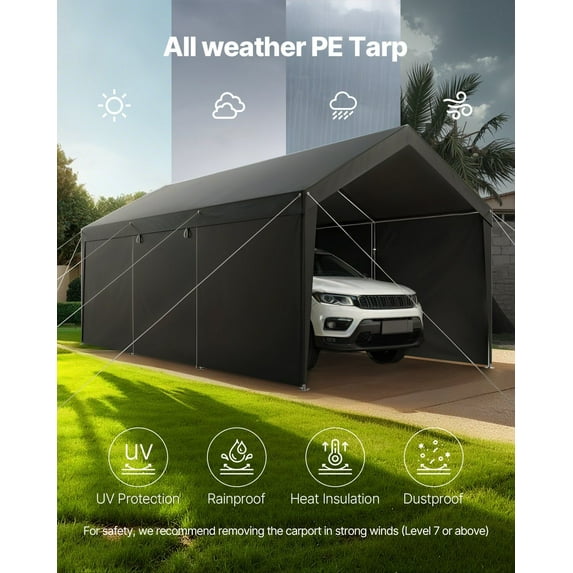 12x20FT Heavy Duty black Carport Canopy with Sidewalls, Outdoor Car Shelter for Long-Term Use