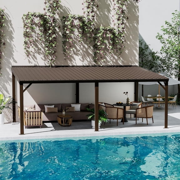 12x20FT Lean to Gazebo, Wall Mounted Gazebos Pergola with Drainage System, Upgraded Heavy Duty Awnings with Sloping Roof, Hardtop Patio Shelter for Deck, Porch, Backyard, Brown