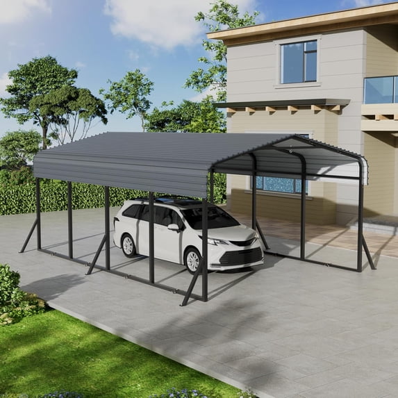 12x20FT Metal Carport, Heavy Duty Carport with Galvanized Steel Roof and Enhanced Base, Upgraded Large Outdoor Canopy, Metal Garage for Cars, Boats, Trucks, Gray (12X20FT)