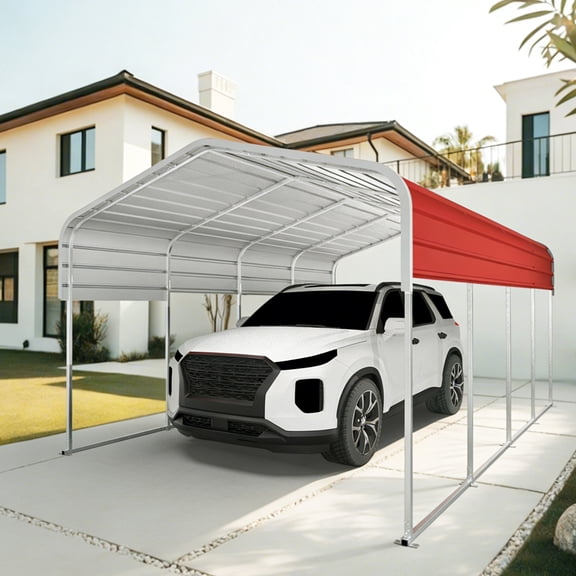 12x20FT Reinforced Metal Carport, Heavy Duty Steel Structure with Support Beams, Spacious Car Shelter for Boats/Tractors, All-Weather Use, Red