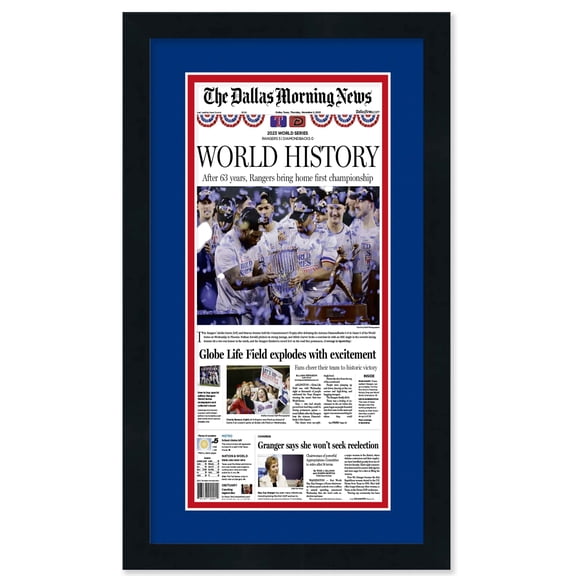 12x22 Frame for Newspapers (Black) | Blue Double Mat with Red Stripe | Includes Hanging Hardware