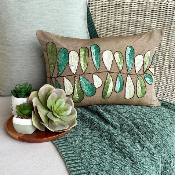 12x22 inch (30x55 cm) Lumbar Pillow Cover, Brown Lumbar Pillow Cover, Sequins Leaves Lumbar Pillow Cover, Art Silk Rectangle Pillow Covers, Floral Art Deco - Days Of Leaves