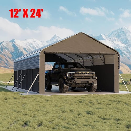 12x24 FT Enclosed Car Ports, Metal Carport with Steel Frame For All-Weather, Heavy Duty Steel Frame and 220 g Tarp, All-Weather Carport for Full-Size Pickup Trucks