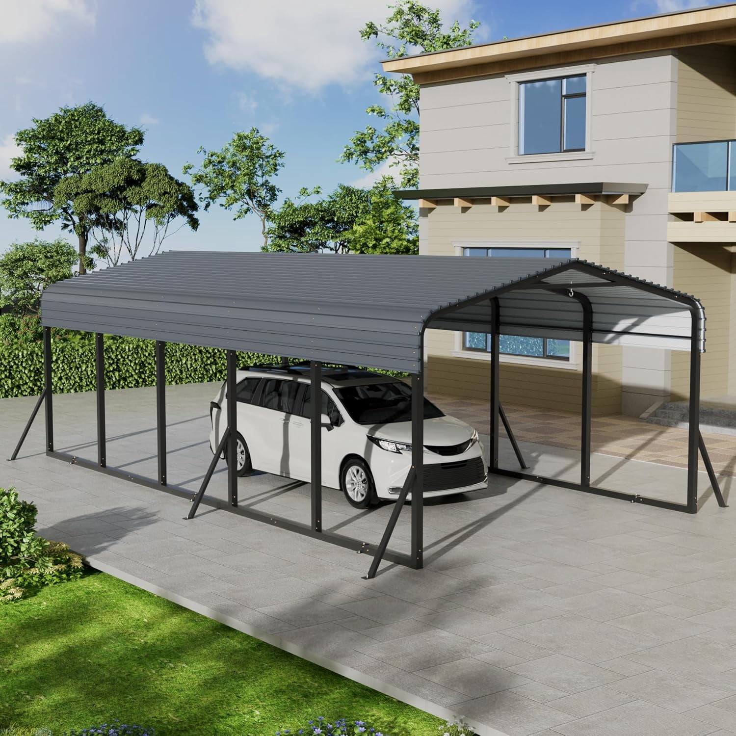 12x24FT Metal Carport, Heavy Duty Carport with Galvanized Steel Roof and Enhanced Base, Upgraded Large Outdoor Canopy, Metal Garage for Cars, Boats, Trucks, Gray (12X24FT)