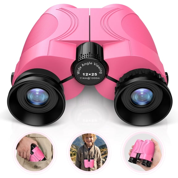 12x25 Compact Binoculars for Kids: Small Binoculars with Bak4, FMC - Ideal for Outdoor, Camping, Traveling, Bird Watching, Hiking (Pink)