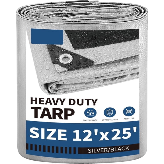 12x25 Feet Tarps Silver 10.5Mil Multipurpose Protective Cover Heavy Duty Tarp Waterproof,Snow or UV Protection,Durable Reinforced Edges