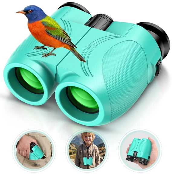 12x25 Binoculars for Kids 8-12, BAK4 FMC Lens with Neck Strap & Carrying Bag, Small Compact Binoculars for Bird Watching, Camping & Travel (Green)