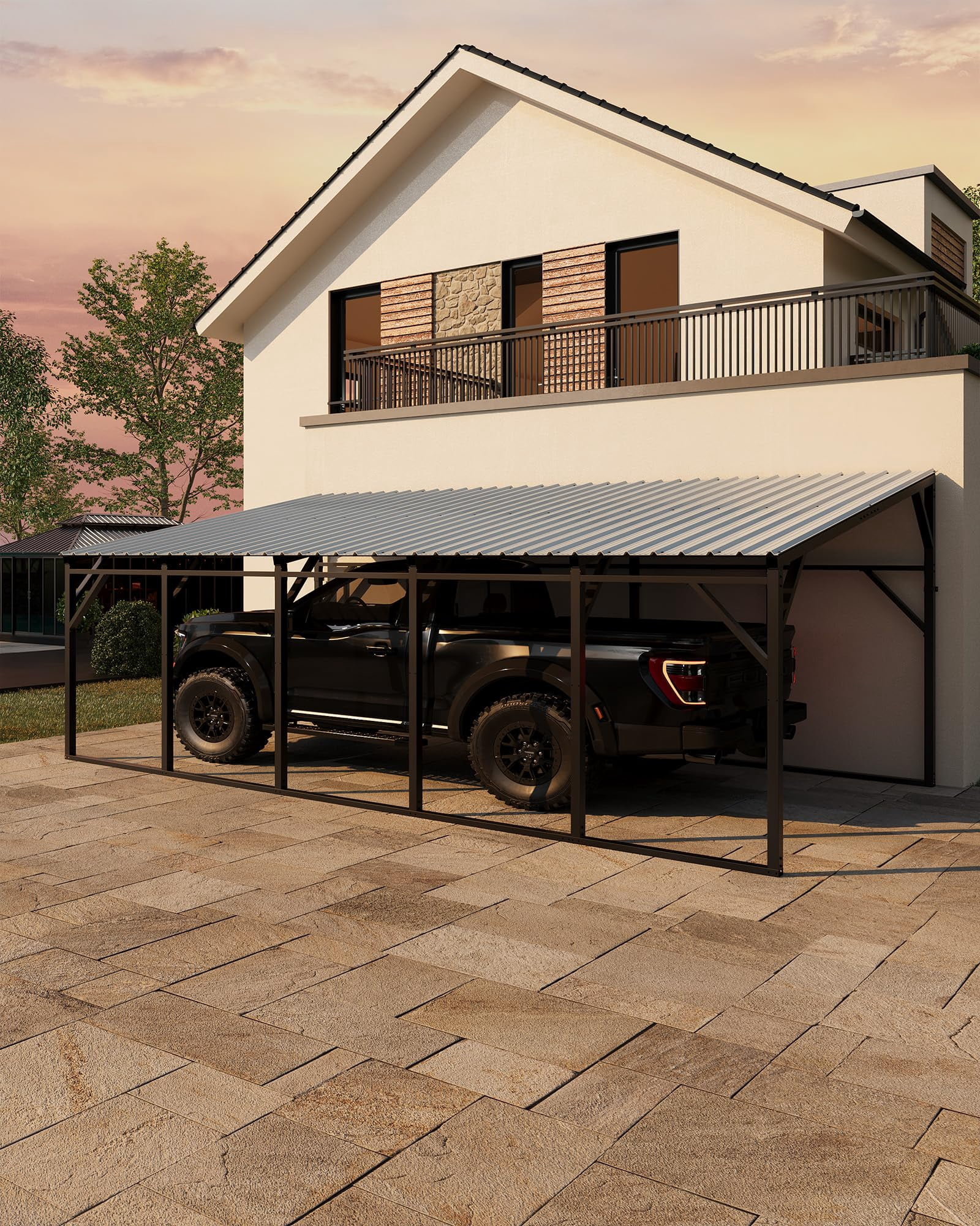 12x25 ft Lean-to Metal Carport, Vertical Roof Wall-Mounted Car Port for Snow Shedding, Heavy-Duty 19-Ga. Steel Frame, 107" to 78" Height for Long-Bed Pickup & SUV