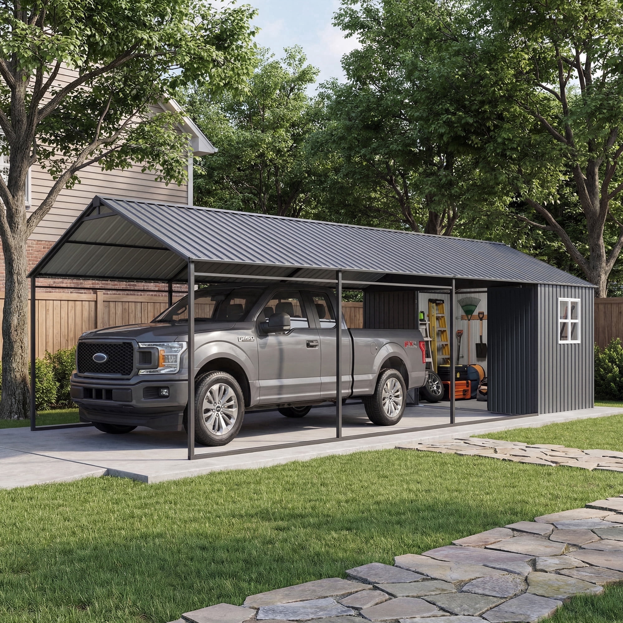 FOROUTIA 12x25ft Heavy-Duty Metal Carport with 12x5ft Storage Shed, Dark Gray All-Weather Garage Shelter for Car/Truck/Boat/Lawn Equipment, Outdoor Tool Storage & Patio Shelter