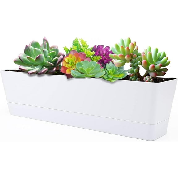 QZS 12x3.8x4.6In White Window Box Planter,Rectangle Flower Pots with Drainage Holes and Breathable Trays for Window Sill,Shelf,Desktop