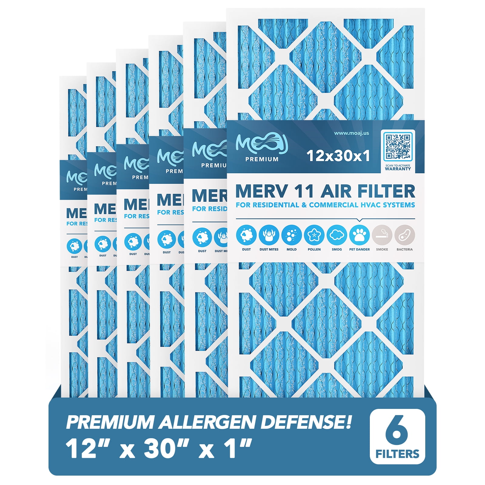 12x30x1 Air Filter (6PACK) MERV 11 MOAJ Premium Allergen Defense