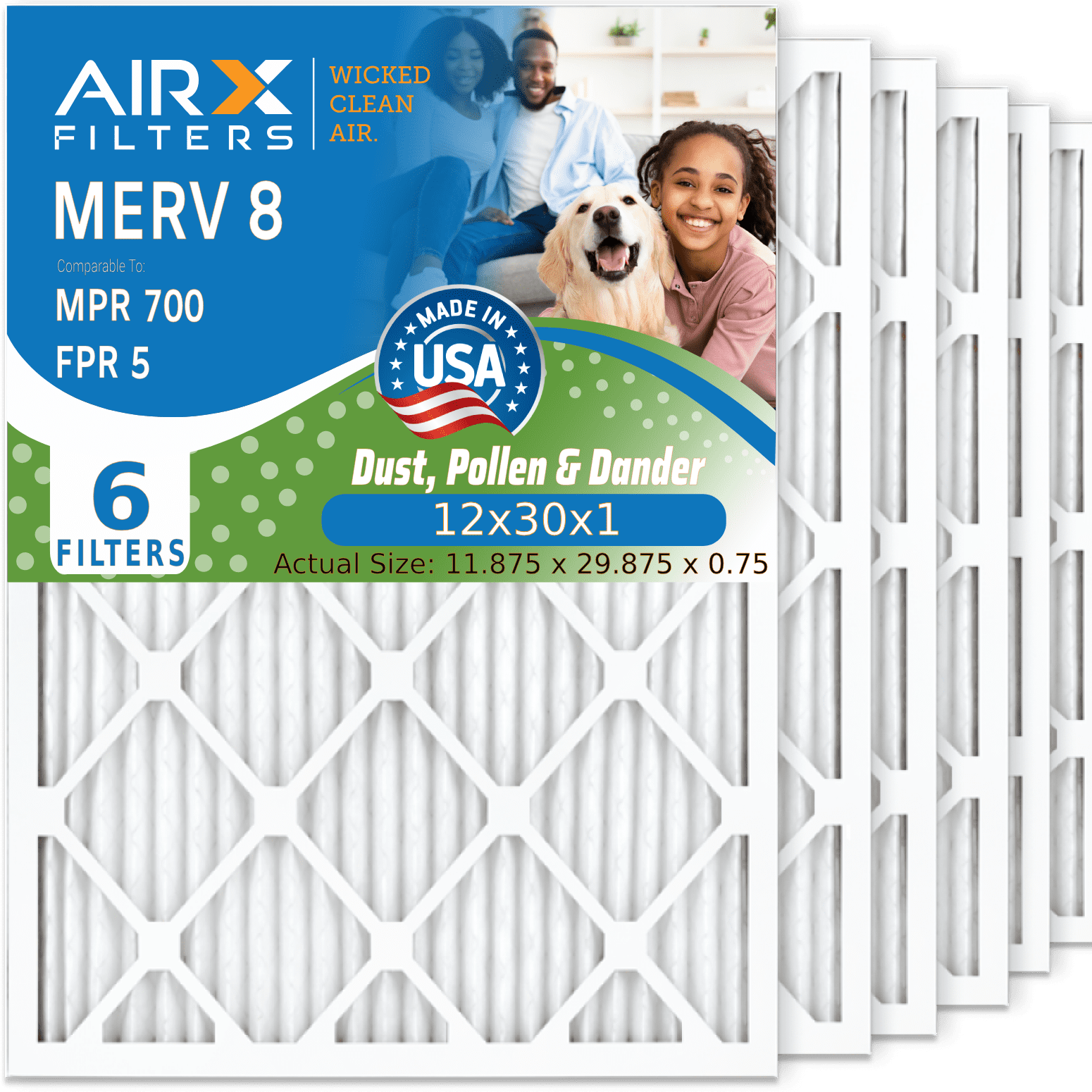 12x30x1 Air Filter MERV 8 Comparable to MPR 700 & FPR 5 Electrostatic Pleated Air Conditioner Filter 6 Pack HVAC AC Premium USA Made 12x30x1 Furnace Filters by AIRX FILTERS WICKED CLEAN AIR.