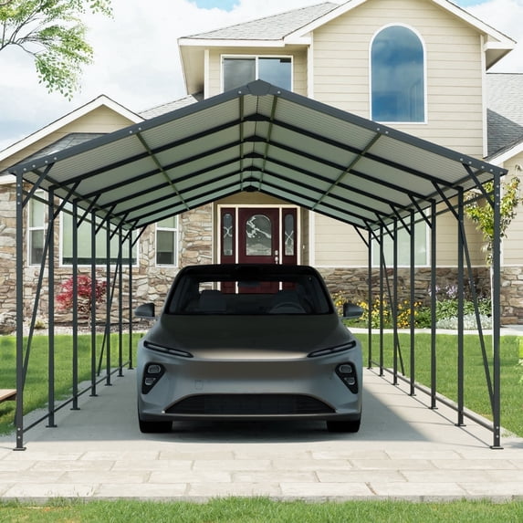CarButler 12x32ft Metal Heavy Duty Carport with Galvanized Steel Roof and Frame,Outdoor Large Garage with 4 Fixed Inclined Square Tube Supports