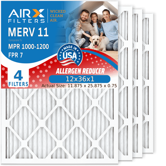 12x36x1 Air Filter MERV 11 Comparable to MPR 1000, MPR 1200 & FPR 7 Electrostatic Pleated Air Conditioner Filter 4 Pack HVAC Premium USA Made 12x36x1 Furnace Filters by AIRX FILTERS WICKED CLEAN AIR.