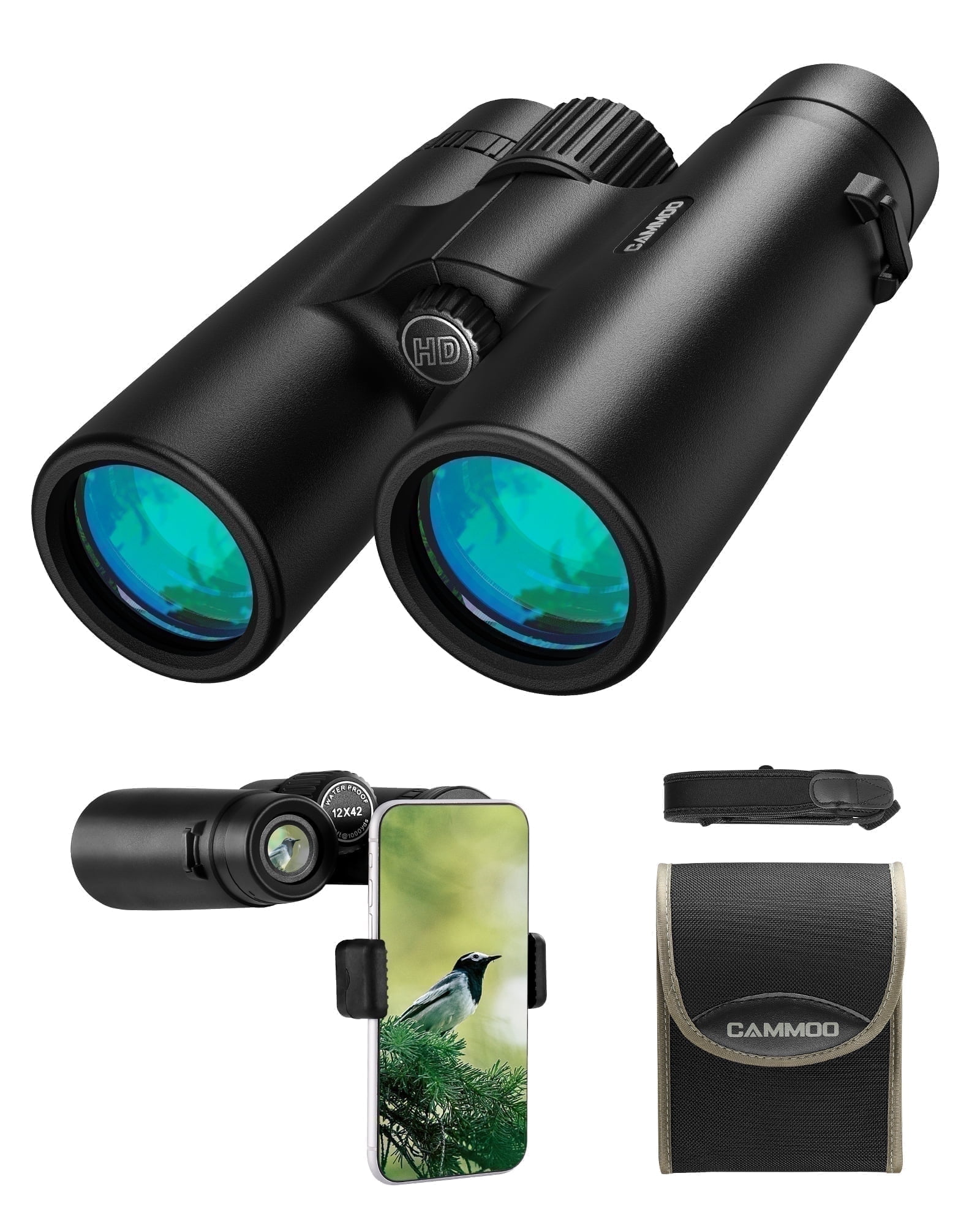12x42 Binoculars for Adult High Powered Binocular with Low Light Vision,Compact Waterproof Fogproof Binoculars for Bird Watching Hunting Travel Large Field BAK4 Prism & FMC Lens