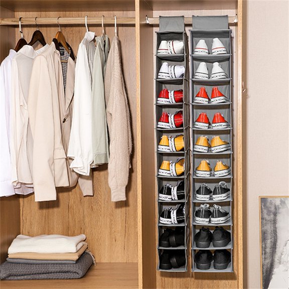 12x49 Inch 10-Layer Non-woven Shoe and Hat Storage Hanging Bag for Closet Organization with Reinforced PP Board and Strong Hooks