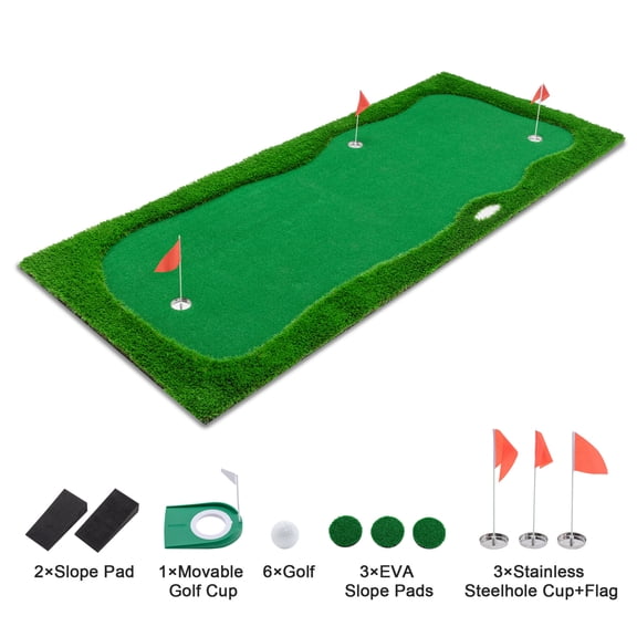 12x5 FT Golf Putting Green, Large Golf Practice Mat with High-quality Turf, 3 Holes, 3 Flags and Movable Cup, Professional Training Mat for Indoor Outdoor