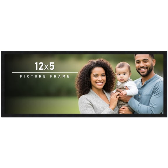 12x5 Frame Black Solid Wood Picture Frame | 0.75 Inch Moulding Width | Includes UV Acrylic