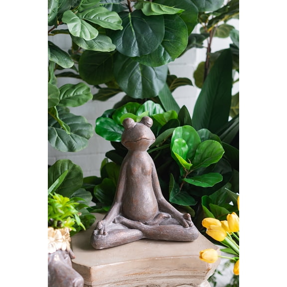 12x6.5x13.5" Brown Magnesium Yoga Frog Figurine in Lotus Pose with Gold Accents