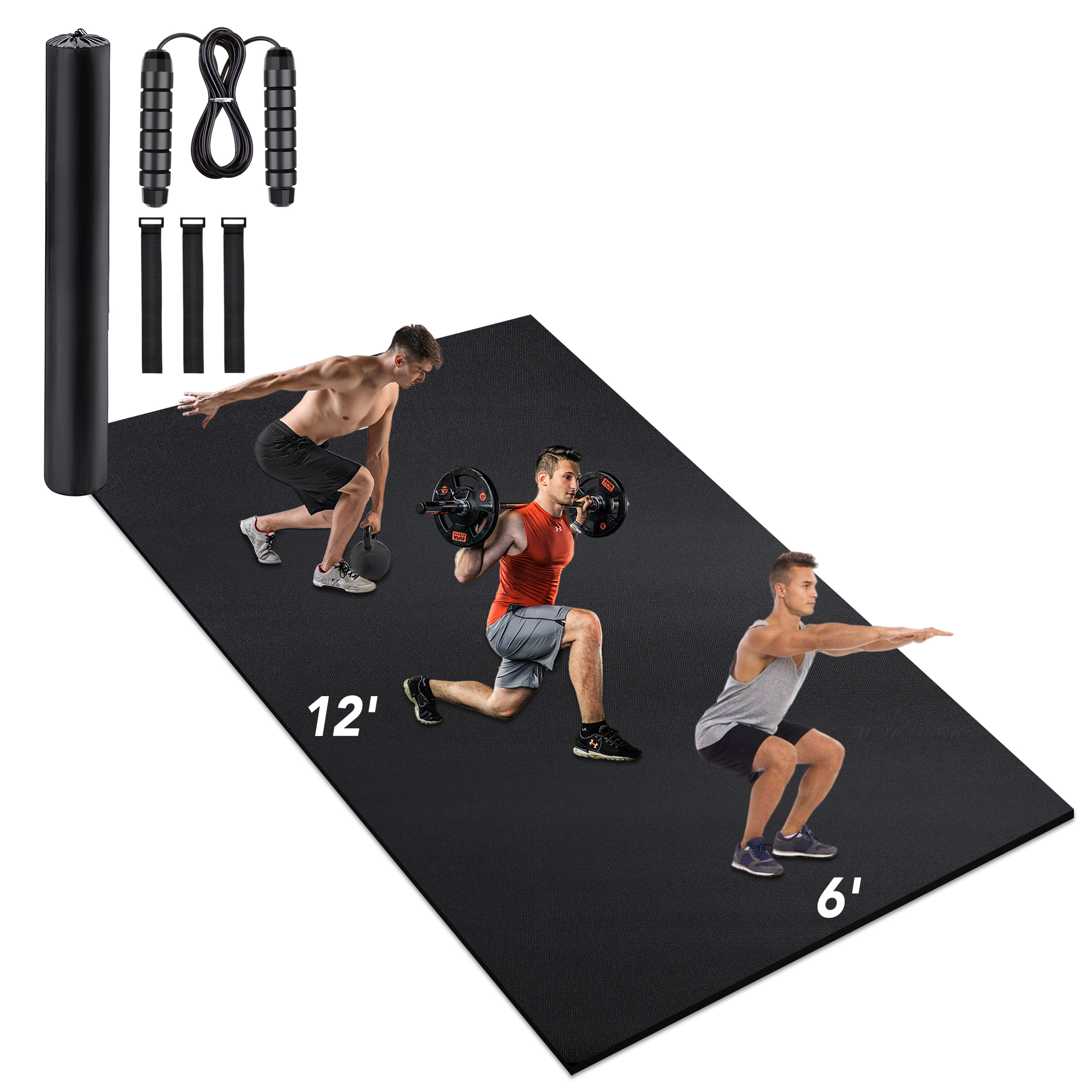 12'x6' Black Gym Mat, Thick Large Exercise Yoga Mat for Men and Women Aerobics, Skipping Rope, Gym Equipment - Perfect for Home and Gym Workouts