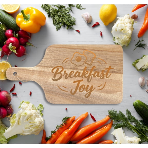 12x6 Inch Wooden Serving & Cutting Board - 'Breakfast Joy' Engraved Natural Wood Charcuterie Board, with Hanging Hole for Kitchen Decor & Food Prep