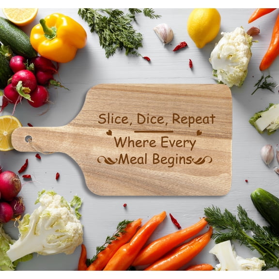 12x6 Inch Wooden Serving & Cutting Board - 'Slice, Dice, Repeat' Engraved Natural Wood Board, Double-Sided with Hanging Hole for Kitchen Prep & Meal Serving