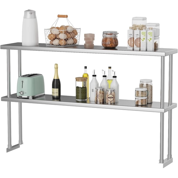 12x60 In 2-Tier Stainless Steel Overshelf Adjustable Heavy-Duty Double Shelf for Commercial Kitchen Utility Room Restaurant and Garage