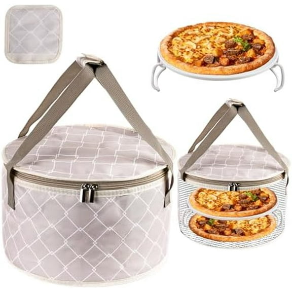 12x7 Inch Round Pie Carrier with Insulated Casserole Carriers with Lid & Detachable Handle, Hot or Cold Food Transport Bag for Lunch, Picnic, Party Dining, Thanksgiving Gifts(Beige+White)