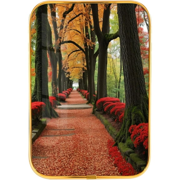 12x8 In Framed Fall Morning Sunrise Picture Prints of Nice Sunshine Peeking Through Forest Wall Art Decor with Gold Frame for Office, Crystal Porcelain Painting Wall Decor