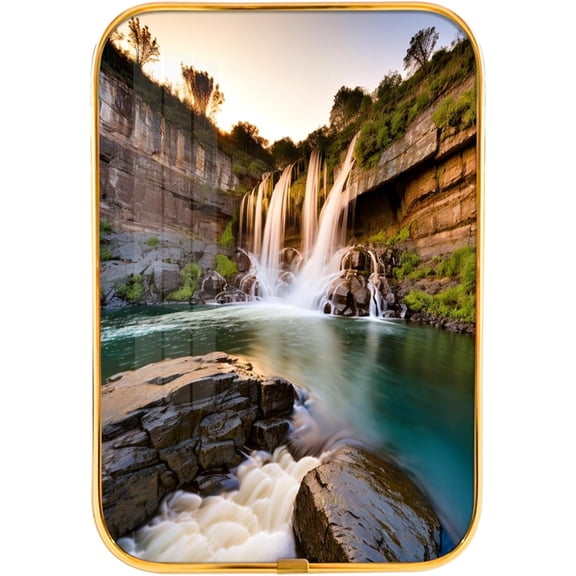12x8 In Framed Waterfall and Stream in The Tropical Forest Scenery Nature Pictures Artwork Contemporary Wall Art with Gold Frame for Book Store,Crystal Porcelain Painting Wall Decor