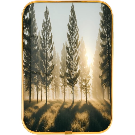 12x8 In Framed Morning Sunrise Picture Prints of Nice Sunshine Peeking Through Forest Wall Art Decor with Gold Frame for Club,Crystal Porcelain Painting Wall Decor