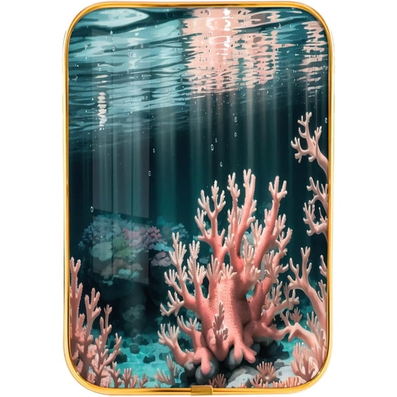 12x8 In Framed Underwater World Wall Art Decor with Gold Frame and Decorative Coral Shell Fish Pictures Print For Bookstore, Modern Home Decor, Crystal Porcelain Painting Wall Decor