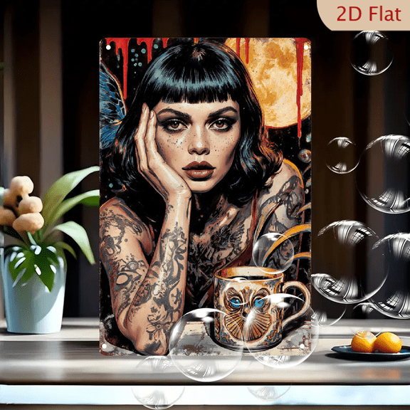 12x8 Inch Metal Wall Art Print, Vibrant Girl with Floral Tattoes and Owl Mug, Dreamy Moon Background, Modern Home Decor for Bedroom Living Room