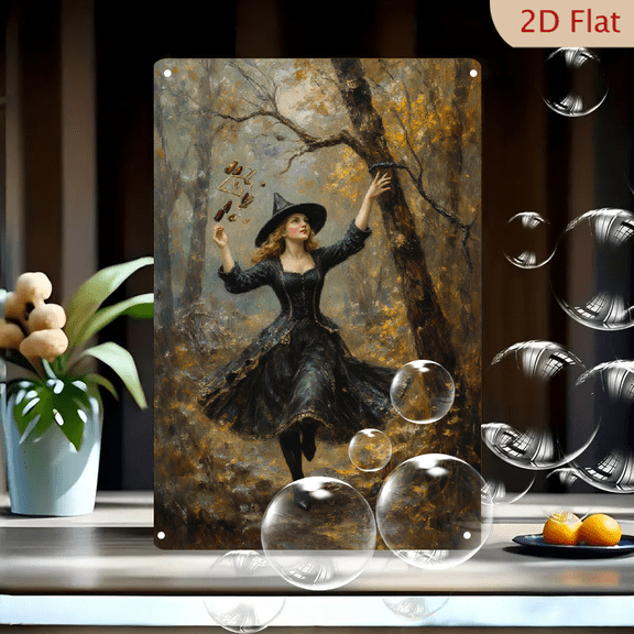 12x8 Inch Metal Wall Art, Witch in Autumn Forest Painting, Romantic Style Fantasy Decor with Pointed Hat and Chalice, Magical Fall Scene for Home Office Living Room
