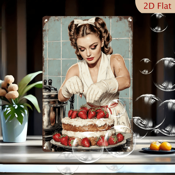 12x8 Inch Retro 1950s Pin-Up Woman Decorating Strawberry Cake with White Apron and Floral Dress, Vintage Kitchen Wall Art Metal Tin Sign, Mid-Century Nostalgic Home Decor