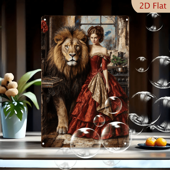 12x8 Inch Rustic Victorian Lion and Lady Oil Painting Wall Art, Romantic Beauty & Beast Style Crimson Gown Female Portrait with Majestic Lion for Living Room Decor