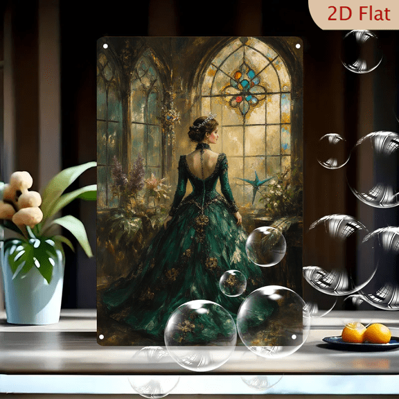 12x8 Inch Vintage Gothic Cathedral Woman in Emerald Ball Gown Metal Wall Art, Romantic Royal Ceremony Scene with Stained Glass & Hummingbird, Elegant Home Decor