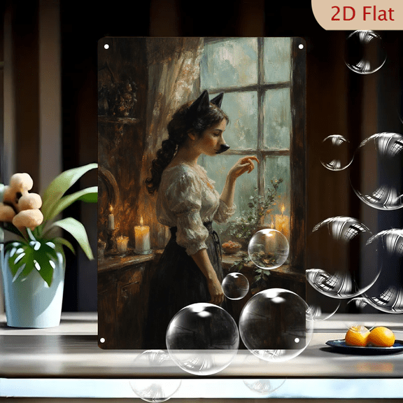 12x8 Inch Wolf Woman Oil Painting Wall Art, Vintage Canine Lady in Period Dress Candlelit Room, Rustic Home Decor Metal Tin Sign for Living Room