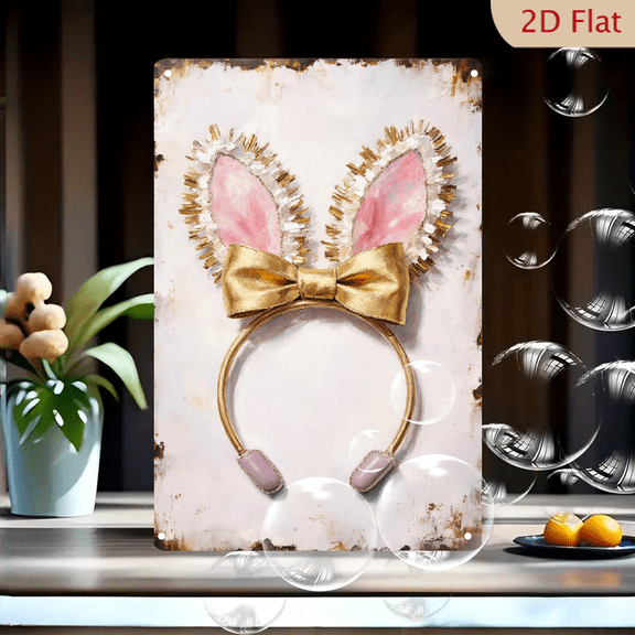 12x8 Inches Bunny Ears Headband Decorative Wall Art Print, Cute Pink Felt Ears with Gold Fringe and Bow, Festive Easter Party Costume Gift for Kids, Whimsical Home Decor Canvas Painting