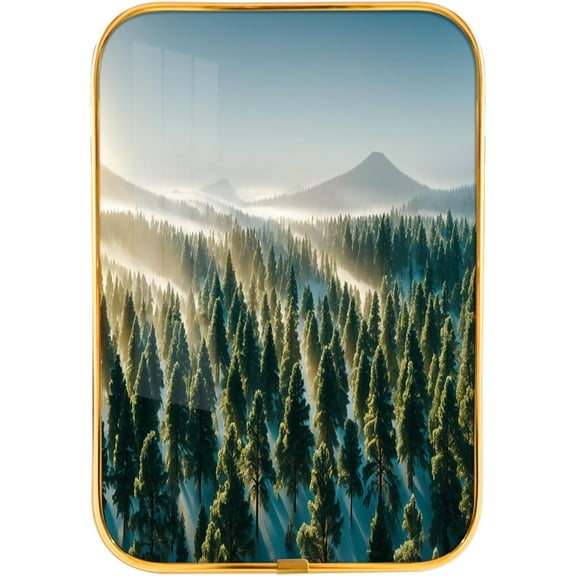 12x8 Inches Framed Forest Wall Art Green Pine Tree Nature Pictures Morning Misty Forest Print Artwork with Gold Frame for Study,Crystal Porcelain Painting Wall Decor